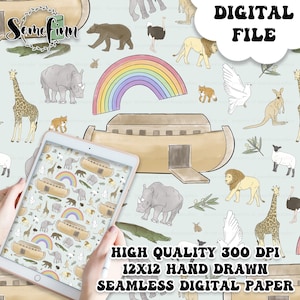 May include: A seamless digital paper pattern featuring a hand-drawn illustration of Noah's Ark with animals, a rainbow, and olive branches on a light blue background. The text "HIGH QUALITY 300 DPI 12X12 HAND DRAWN SEAMLESS DIGITAL PAPER" is at the bottom of the image.