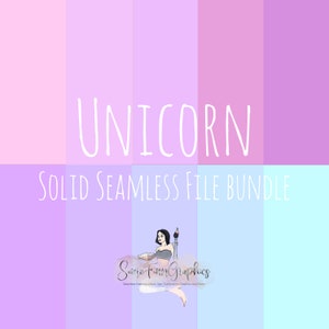 May include: A digital download of a set of solid color seamless patterns in various shades of purple, pink, and blue. The text "UNICORN SOLID SEAMLESS FILE BUNDLE" is at the top of the image. The text "Some Finn Graphics" is at the bottom of the image.