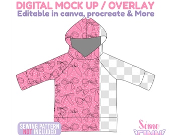 May include: A pink hoodie mockup with a bow pattern, featuring the text "DIGITAL MOCK UP / OVERLAY" and "Editable in canva, procreate & More." The design includes a gray face covering and a checkered sleeve. The text "SEWING PATTERN NOT INCLUDED" is also visible.