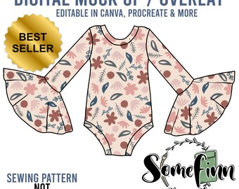 May include: Digital mock-up overlay for a long-sleeved bodysuit with a floral print. The overlay is editable in Canva, Procreate, and more. The text "Best Seller" is displayed on a gold star. The text "Sewing Pattern Not Included" is displayed below the image.