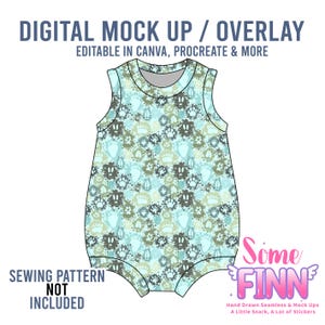 May include: A sleeveless baby bodysuit with a pattern of animal paw prints in shades of blue, green, and brown. The text "DIGITAL MOCK UP / OVERLAY" and "EDITABLE IN CANVA, PROCREATE & MORE" are at the top. The text "SEWING PATTERN NOT INCLUDED" is at the bottom.