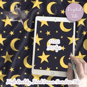 Mond und Sterne Digital Papier, nahtlose Nachthimmel Muster, Stoff Download, Sterne Monde, blau digital bedruckbares Scrapbook Papier