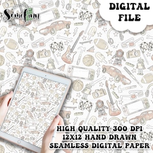 May include: A seamless digital paper pattern featuring a variety of hand-drawn illustrations in brown and beige on a white background. The illustrations include a car, a skateboard, a basketball, a guitar, a robot, a camera, a pair of 3D glasses, a star, a wrench, a popsicle, a football, a skateboard, and a video game console. The text "DIGITAL FILE" is in the upper right corner of the image. The text "HIGH QUALITY 300 DPI 12X12 HAND DRAWN SEAMLESS DIGITAL PAPER" is in the lower right corner of the image.