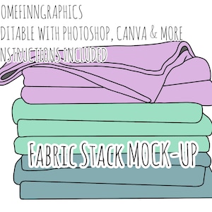 May include: A stack of fabric swatches in various shades of blue and green, with a single purple swatch on top. The text "FABRIC STACK MOCK-UP" is printed on the front of the stack.