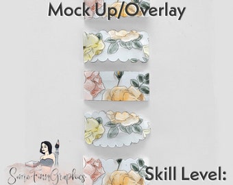 May include: Four digital mockups of floral patterned clip-on hair barrettes. The barrettes are on a white background. The text "Easy to edit Mock Up/Overlay" is at the top of the image. The text "Skill Level: Beginner" is at the bottom of the image.