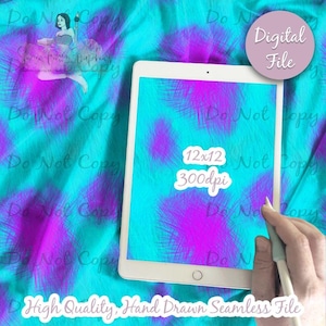 May include: A digital tablet displays a seamless pattern featuring a bright turquoise background with scattered, textured purple spots. The screen shows the text 12x12 and 300dpi. A circular badge in the corner reads Digital File.
