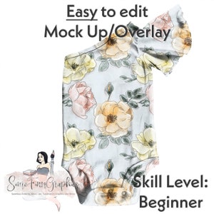 May include: A light blue one-shoulder bodysuit with a floral print featuring yellow, pink, and green watercolor roses. The text "Easy to edit Mock Up/Overlay" and "Skill Level: Beginner" is visible in the image.