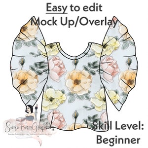 May include: A digital mock-up of a light blue shirt with a floral pattern. The shirt has a round neckline and ruffled sleeves. The floral pattern features yellow, pink, and green roses. The text "Easy to edit Mock Up/Overlay" is at the top of the image. The text "Skill Level: Beginner" is at the bottom of the image.