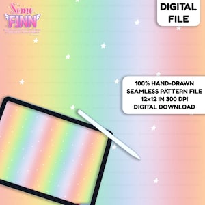 May include: A digital file graphic with a rainbow seamless pattern. The image includes a tablet with a stylus, the text "100% Hand-Drawn Seamless Pattern File 12x12 in 300 DPI Digital Download", and the words "Digital File".