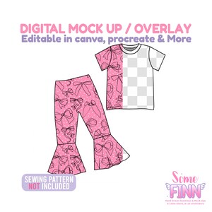 Op de afbeelding: Een digitale mock-up van een roze en witte outfit, inclusief een t-shirt en een broek met wijde pijpen, versierd met strikpatronen. De tekst "DIGITAL MOCK UP / OVERLAY" en "Editable in canva, procreate & More" worden weergegeven. De woorden "SEWING PATTERN NOT INCLUDED" zijn ook zichtbaar.