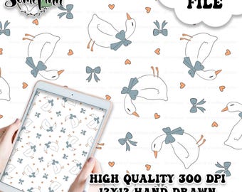 Vintage Goose With Blue Ribbon Digital Paper - Seamless Patterns, Geese Printable Scrapbook paper download - grannycore cute, grandmas house