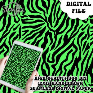 Y2k Zebra Stripes Print Digital Paper, Seamless Pattern for fabric and scrapbook paper, bright neon green abstract animal safari