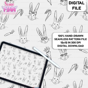 May include: A digital file featuring a seamless pattern of hand-drawn black and white rabbit faces and carrots. The image includes text stating DIGITAL FILE and 100% HAND-DRAWN SEAMLESS PATTERN FILE 30.48x30.48 CM 300 DPI DIGITAL DOWNLOAD.