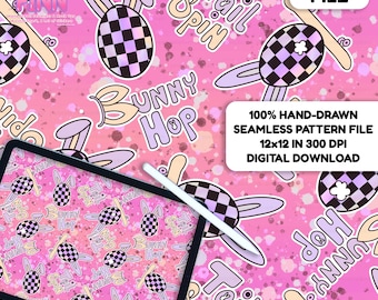 May include: A digital file featuring a pink background with a repeating pattern of Easter eggs with bunny ears, and the words "Bunny Hop" and "Tail Spin". The image also includes a tablet and stylus, and text that reads "Digital File".