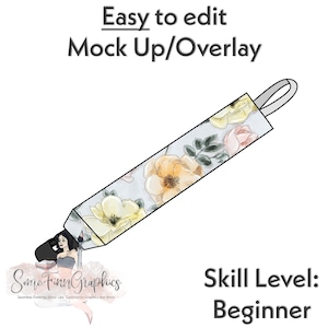 May include: A digital design for a floral phone strap with a light blue background and yellow and pink flowers. The design is easy to edit and can be used for sublimation printing.