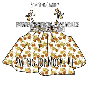 May include: A white swing top mock-up with a floral pattern in shades of orange and yellow. The text "EDITABLE WITH PHOTOSHOP, CANVA AND MORE INSTRUCTIONS INCLUDED" and "SWING TOP MOCK-UP" is printed on the mock-up.