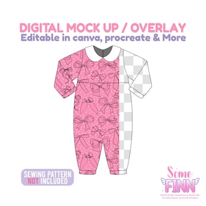 May include: A pink baby onesie mockup with a white collar and bow pattern. The text "DIGITAL MOCK UP / OVERLAY" and "Editable in canva, procreate & More" are displayed at the top. The text "SEWING PATTERN NOT INCLUDED" is at the bottom.