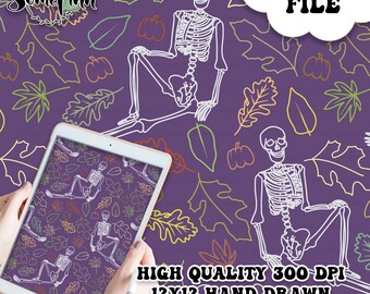 Skeletons Digital Paper - Seamless Skull Skeleton Pattern, Halloween Autumn Leave Fabric Design, Printable Scrapbook paper download, purple