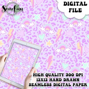 May include: A seamless digital paper pattern with a purple background and various pastel-colored elements, including rainbows, hearts, stars, and lightning bolts. The pattern is 12 inches by 12 inches and 300 DPI.