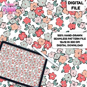 Pastel Floral Seamless Design PNG, Sketch Flower Fabric Print, Spring Garden Digital Paper