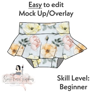 May include: A digital illustration of a light blue skirt with a floral pattern. The skirt has a ruffled hem and a waistband. The flowers are yellow, pink, and green. The text "Easy to edit Mock Up/Overlay" is at the top of the image. The text "Skill Level: Beginner" is at the bottom of the image.