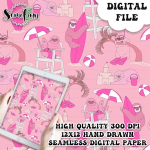 Papel digital sin costuras de perezosos de verano: patrón de perezoso adorable, tela para traje de baño de playa, papel imprimible para álbum de recortes, playa océano rosa