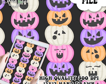 May include: A digital paper pattern featuring a seamless repeat of stacked jack-o'-lantern faces in pink, orange, purple, and white on a black background. The text "DIGITAL FILE" is in a white cloud shape in the upper right corner. The text "HIGH QUALITY 300 DPI 12X12 HAND DRAWN SEAMLESS DIGITAL PAPER" is at the bottom of the image.