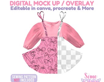 Könnte beinhalten: Ein digitales Mock-up eines langärmeligen rosa Kleids mit Schleifenmuster auf dem Rock. Der Text lautet: DIGITAL MOCK UP / OVERLAY Editable in canva, procreate & More, SEWING PATTERN NOT INCLUDED und Some FINN Hand Drawn Seamless & Mock Ups.