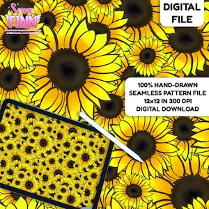 May include: A digital file featuring a seamless pattern of yellow sunflowers with brown centers. The image includes a tablet displaying the sunflower pattern and a stylus. Text on the image reads "DIGITAL FILE" and "100% HAND-DRAWN SEAMLESS PATTERN FILE 12x12 IN 300 DPI DIGITAL DOWNLOAD."