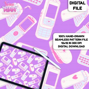 Lila fliptelefon sömlös mönsterfil, Y2K Retro mobiltelefon tygdesign för Canva Procreate, Girly digital papper bakgrund nedladdning