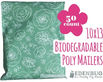 10x13 Biodegradable Poly Mailer 50 Count, Eco Friendly Shipping Bags, Packaging for Small Business, Recyclable Poly mailers, Green Floral