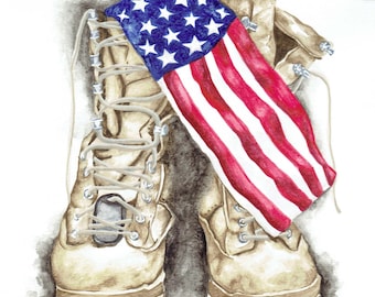 Boots Digital Download - For PERSONAL USE - Watercolor Painting of combat boots with American Flag