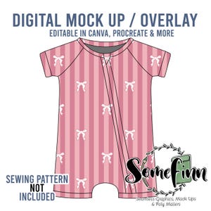 May include: A digital mock-up of a pink and white striped baby onesie with white bows. The onesie is editable in Canva, Procreate, and more. The text "Sewing Pattern Not Included" is at the bottom of the image.