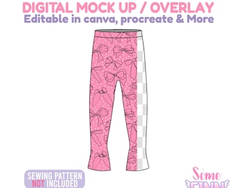 May include: Pink leggings with a bow pattern and white polka dots. The leggings have a white and transparent panel on the right side. Text on the image reads "DIGITAL MOCK UP / OVERLAY" and "SEWING PATTERN NOT INCLUDED".
