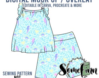 May include: Digital mock-up of a blue and white tank top and shorts with a rainbow, lightning bolt, and heart pattern. The text "DIGITAL MOCK UP / OVERLAY" and "EDITABLE IN CANVA, PROCREATE & MORE" is at the top of the image. The text "SEWING PATTERN NOT INCLUDED" is at the bottom of the image. The text "Somefinn" is at the bottom right of the image. The text "Seamless Graphics, Mock Ups & Poly Mailers" is at the bottom of the image.