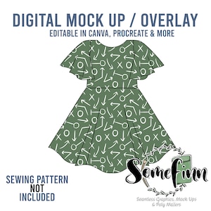 Puede incluir: Una maqueta digital de un vestido verde con un patrón geométrico blanco. El vestido tiene un escote redondo y mangas cortas con volantes. El texto "DIGITAL MOCK UP / OVERLAY" está en la parte superior de la imagen. El texto "EDITABLE IN CANVA, PROCREATE & MORE" está debajo del texto "DIGITAL MOCK UP / OVERLAY". El texto "SEWING PATTERN NOT INCLUDED" está en la parte inferior izquierda de la imagen. El texto "Some finn" está en la parte inferior derecha de la imagen. El texto "Seamless Graphics, Mock Ups & Poly Mailers" está debajo del texto "Some finn".