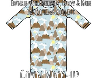 May include: A digital mockup of a baby gown with a mountain and sun pattern. The gown is light blue with brown mountains, white snow, yellow suns, and green trees. The text "SOMEFINN GRAPHICS", "EDITABLE WITH PHOTOSHOP, CANVA & MORE", "INSTRUCTIONS INCLUDED", and "GOWN MOCK-UP" is included in the image.