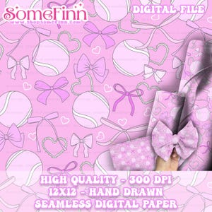 May include: A seamless digital paper pattern featuring a pink background with white tennis balls, hearts, and bows. The text "SomeFinn" and "DIGITAL FILE" is visible in the top left and right corners of the image. The text "HIGH QUALITY - 300 DPI" and "12X12 - HAND DRAWN" is visible in the bottom center of the image. The text "SEAMLESS DIGITAL PAPER" is visible in the bottom center of the image.