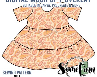 May include: A digital mock-up of a tiered dress with a paisley pattern in shades of orange, pink, and yellow. The text "DIGITAL MOCK UP/OVERLAY" is at the top of the image. The text "EDITABLE IN CANVA, PROCREATE & MORE" is below the text "DIGITAL MOCK UP/OVERLAY". The text "SEWING PATTERN NOT INCLUDED" is at the bottom left of the image. The text "Some Finn" is at the bottom right of the image. The text "Seamless Graphics, Mock Ups & Poly Mailers" is below the text "Some Finn".