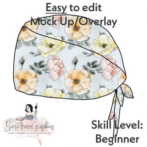 Könnte beinhalten: Ein digitales Mockup einer hellblauen OP-Haube mit einem Blumenmuster. Das Muster zeigt gelbe, rosa und grüne Aquarellrosen. Der Text "Easy to edit Mock Up/Overlay" befindet sich oben im Bild. Der Text "Some Finn Graphics" befindet sich unten links im Bild. Der Text "Skill Level: Beginner" befindet sich unten rechts im Bild.