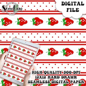 Puede incluir: Un diseño de papel digital con un patrón sin costuras de fresas rojas con hojas verdes sobre un fondo blanco con rayas rojas y lunares rojos. El texto "DIGITAL FILE" está en la esquina superior derecha de la imagen. El texto "HIGH QUALITY 300 DPI 12X12 HAND DRAWN SEAMLESS DIGITAL PAPER" está en la esquina inferior derecha de la imagen.