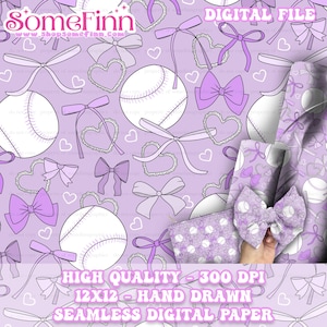 Purple Baseball Digital Paper, Sketchy Seamless Pattern, Baseball Fabric instant download, Play Ball Illustrated Digital Scrapbook, Bows