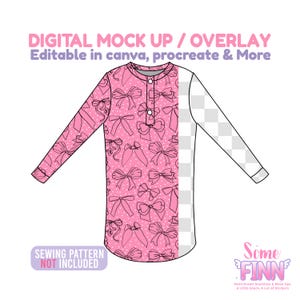 Könnte beinhalten: Ein Mockup eines langärmeligen rosa Hemdes mit Schleifenmuster und dem Text "DIGITAL MOCK UP / OVERLAY" und "Editable in canva, procreate & More". Der Text "SEWING PATTERN NOT INCLUDED" ist ebenfalls sichtbar. Das Some Finn-Logo befindet sich unten rechts.