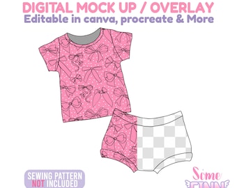 May include: A pink t-shirt and shorts set with a bow pattern. The text "DIGITAL MOCK UP / OVERLAY" and "Editable in canva, procreate & More" are at the top. The text "SEWING PATTERN NOT INCLUDED" is at the bottom. The Some Finn logo is at the bottom right.