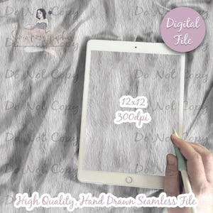 May include: A digital file featuring a seamless light gray fur texture displayed on a tablet screen. The screen shows the text 12x12 300dpi. A circular badge in the top right corner reads Digital File. The background is a matching gray fur pattern.