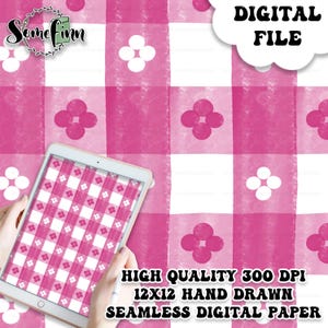 Pode incluir: Um arquivo digital com um padrão xadrez rosa e branco, adornado com detalhes florais. A imagem inclui o texto "DIGITAL FILE" e "HIGH QUALITY 300 DPI 12X12 HAND DRAWN SEAMLESS DIGITAL PAPER". Um tablet exibe um padrão semelhante.