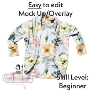 May include: A long-sleeve shirt featuring a light blue background with a repeating pattern of yellow and pink watercolor-style flowers and green leaves. The text "Easy to edit Mock Up/Overlay" and "Skill Level: Beginner" is visible.