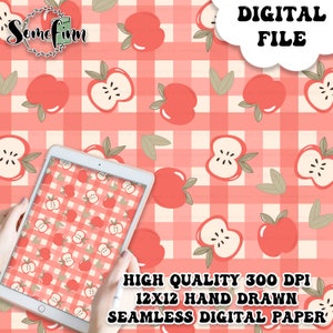 Op de afbeelding: Een naadloos digitaal papierpatroon met rode appels en groene bladeren op een roze en witte ruitjesachtergrond. Het patroon is 30,48 cm bij 30,48 cm en heeft een resolutie van 300 DPI.