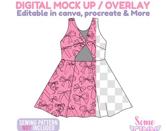 May include: A pink dress design with a bow pattern and a cut-out back. The text "DIGITAL MOCK UP / OVERLAY" and "Editable in canva, procreate & More" are at the top. The text "SEWING PATTERN NOT INCLUDED" is at the bottom. The Some Finn logo is at the bottom right.