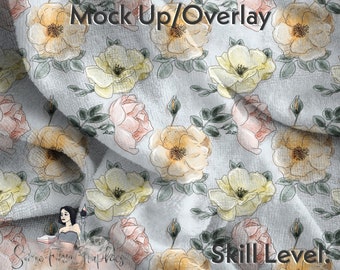 May include: A digital seamless pattern featuring watercolor-style roses in shades of yellow, pink, and white on a light gray background. The text "Easy to edit Mock Up/Overlay" and "Skill Level: Beginner" is included in the image.